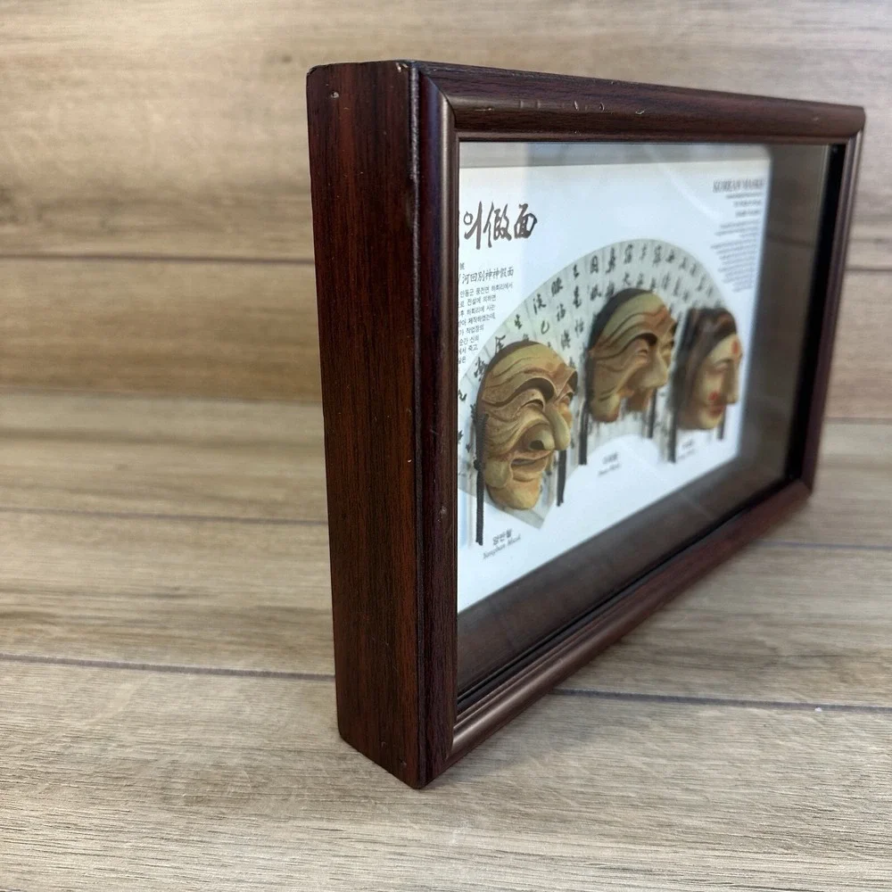 3 Korean Exorcism Masks Framed Shadowbox Yangban Imae Bune Hahoe Byeolsin‎ Koryo